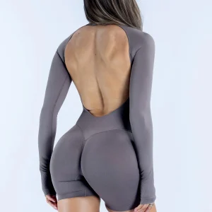 Long Sleeve Fitness Workout Short Jumpsuit
